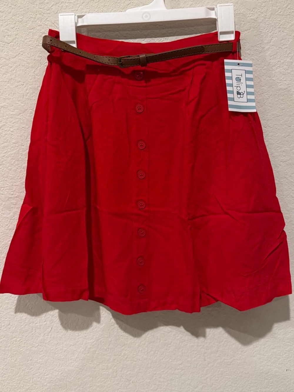 Women's Red Button-Front Skater Skirt with Tan Belt
